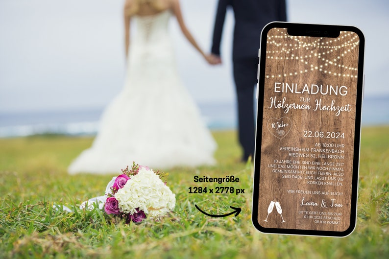 eCard digitale Einladung Hölzerne Hochzeit rustikal für WhatsApp, personalisierbare elektronische Hochzeitstag Einladung Holz und Licht Bild 4