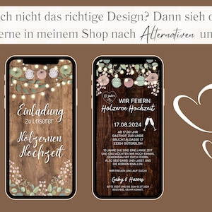 eCard digitale Einladung Hölzerne Hochzeit rustikal für WhatsApp, personalisierbare elektronische Hochzeitstag Einladung Holz und Licht Bild 10