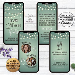 Einladung Doppelparty Hochzeitstag & Geburtstag grün | Doppelfeier Einladungskarte für Whatsapp | 10. 15. 20. 25. 30. Hochzeitstag mit Fotos
