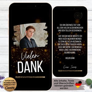 Digitale Danksagung mit Foto schwarz gold für Jugendweihe | Konfirmation | Firmung | Kommunion | Taufe | WhatsApp eCard Danksagungskarte