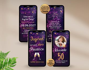 Invitation: Youth is over, but there's still Prosecco! | eCard for 40th, 50th, 60th birthdays | digital WhatsApp birthday invitation, purple and gold
