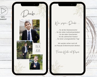 Digitale Danksagung Blätter Kommunion | Konfirmation | Firmung | Hochzeit | Taufe | eCard Danksagungskarte für WhatsApp