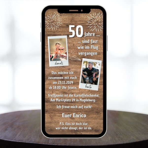 Digital invitation for birthday rustic wood then today, Ecard to send via WhatsApp 30th 40th 50th 60th birthday with photo, POLAROID