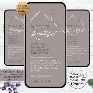 Uitnodiging voor de topceremonie dak met hartschoorsteen | digitale topping-ceremonie-uitnodiging voor WhatsApp | eCard heft festivaluitnodiging op | Helper partij woningbouw
