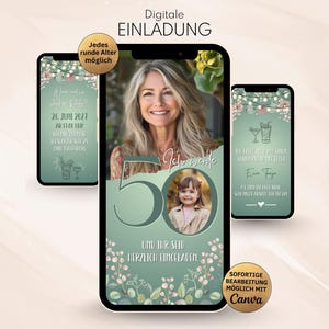 Könnte beinhalten: Drei Smartphones zeigen eine digitale Einladungsvorlage mit salbeigrünem Farbverlauf, floralen Akzenten und Lichterketten. Auf den Bildschirmen steht der Text 'Digitale EINLADUNG', '50', 'Ich werde' und 'UND IHR SEID HERZLICH EINGELADEN'.