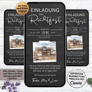 Invitation to the topping-out ceremony board with photo | digital eCard to send via WhatsApp | animated personalizable topping-out ceremony invitation | topping-out ceremony