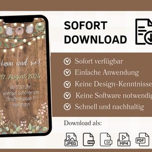 eCard digitale Einladung Hölzerne Hochzeit rustikal für WhatsApp, personalisierbare elektronische Hochzeitstag Einladung Holz Licht mit Foto Bild 5