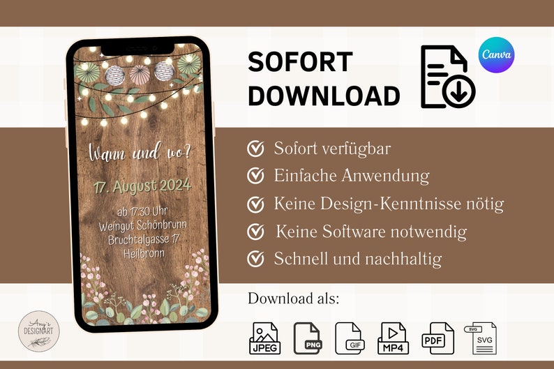 eCard digitale Einladung Hölzerne Hochzeit rustikal für WhatsApp, personalisierbare elektronische Hochzeitstag Einladung Holz Licht mit Foto Bild 5