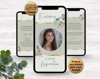 Digital invitation card for Confirmation | Eucalyptus green gold cross | Communion | First Communion | Confirmation animated invitation with photo