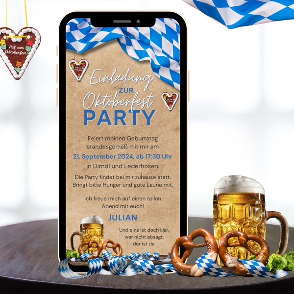 Einladung zur Oktoberfest Party, digitale Geburtstagseinladung, Ecard zum Versenden per WhatsApp, Einladung Geburtstag, Handyeinladung