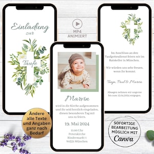 eCard Einladung Taufe digital Blätter Kreuz | Taufeinladung | digitale Einladungskarte Taufgottesdienst minimalistisch | Junge Mädchen