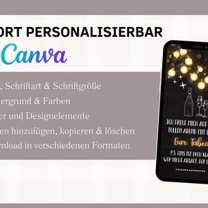 May include: A smartphone mockup with a black background and white text that reads "ICH FREUE MICH AUF EINEN TOLLEN ABEND MIT EUCH! Eure Tabea P.S. DINS IST DOCH KLAR WER NICHT ARSACT, DER IST DA!" The background features a string of lights and two glasses of champagne.