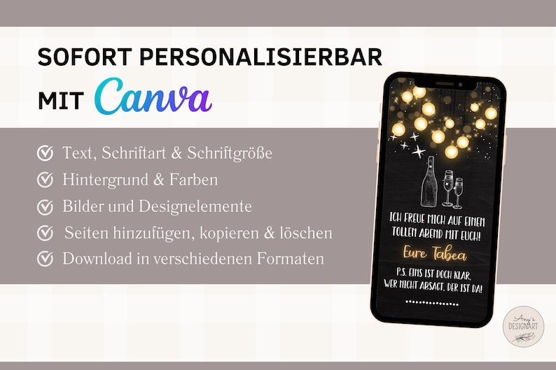May include: A smartphone mockup with a black background and white text that reads "ICH FREUE MICH AUF EINEN TOLLEN ABEND MIT EUCH! Eure Tabea P.S. DINS IST DOCH KLAR WER NICHT ARSACT, DER IST DA!" The background features a string of lights and two glasses of champagne.