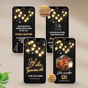 Digital Invitation for a Double Birthday Party | Canva Template with Photo | Black and Gold String Lights | Celebrating Two Birthdays