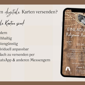 eCard digitale Einladung Hölzerne Hochzeit rustikal für WhatsApp, personalisierbare elektronische Hochzeitstag Einladung Holz und Licht Bild 3
