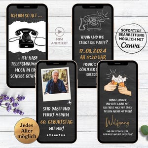 eCARD lustige Retro Geburtstags Party Einladung Tafel für 40. 50. 60. 70. Geburtstag | animierte digitale WhatsApp Einladung Telefon Mann