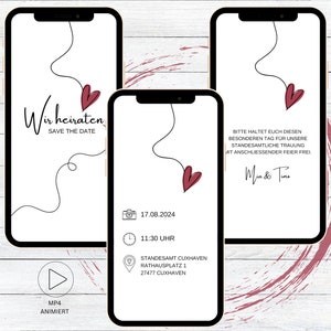 eCard Digital Wedding Invitation Video for Whatsapp, Personalized Animated Save the Date Invitation Line Art Heart