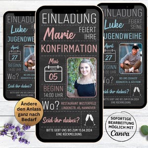 Digitale Einladungskarte für Konfirmation | Jugendweihe | Kommunion | Firmung | animierte Einladung mit Foto Tafel Design | Jugendfeier