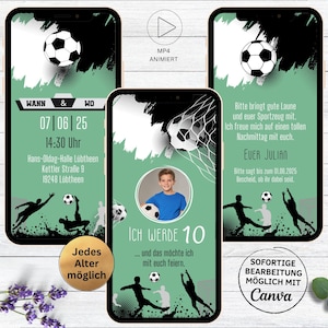 Einladung Kindergeburtstag Fußball Vorlage | digitale WhatsApp Geburtstagseinladung Soccer | Fußball Party grün | Fußball spielen Sportplatz