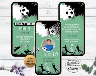 Plantilla de invitación de cumpleaños infantil de fútbol | Invitación de cumpleaños digital de fútbol para WhatsApp | Fiesta de fútbol verde | Jugando al fútbol en el campo deportivo