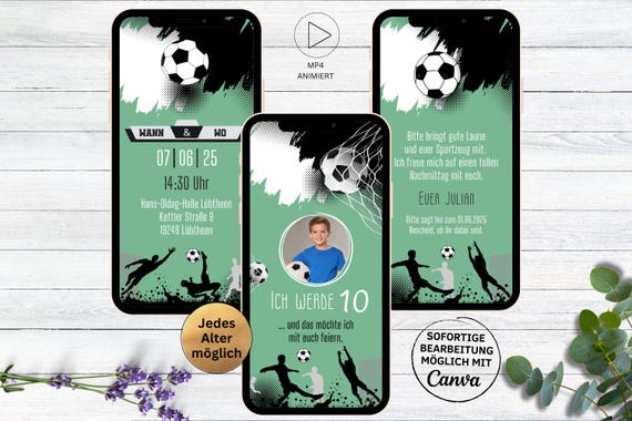 Einladung Kindergeburtstag Fußball Vorlage | digitale WhatsApp Geburtstagseinladung Soccer | Fußball Party grün | Fußball spielen Sportplatz