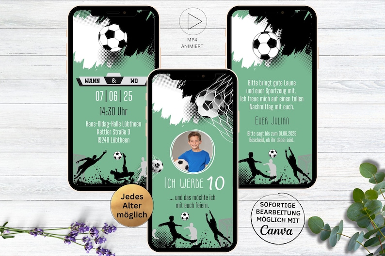 Op de afbeelding: Een digitale uitnodiging in groen en zwart voor een voetbal-thema verjaardagsfeest. De uitnodiging bevat een voetbal, een foto van een jongen en de tekst "Ich werde 10" (Ik word 10).