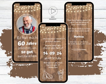 eCARD lustige Geburtstags Party Einladung Holz für 30. 40. 50. 60. animierte digitale WhatsApp Geburtstagseinladung Bier mit Foto