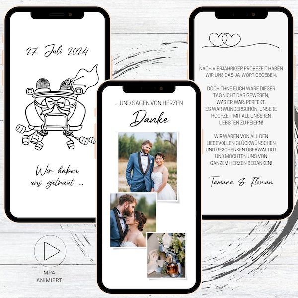 eCard Thanksgiving Wedding, animated digital thank you card Wedding Day for WhatsApp Auto with newlyweds three photos