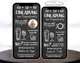 Digitale eCard Einladung zum Doppelgeburtstag, Ecard zum Versenden per WhatsApp, doppelter Geburtstag, Einladung 70 80 90 100 110 120 Tafel