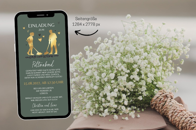 Puede incluir: Una invitaci&oacute;n digital verde y dorada para un Polterabend, una fiesta previa a la boda alemana. La invitaci&oacute;n presenta una silueta de una pareja sosteniendo palas y el texto "EINLADUNG ZUM Polterabend". La fecha y la hora del evento se enumeran como "15.08.2027, AB 17:30 UHR".