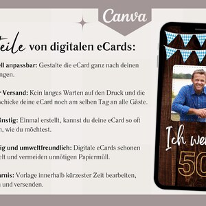 K&ouml;nnte beinhalten: Eine digitale Geburtstagskarte mit Holzmaserung im Hintergrund und blau-wei&szlig;em Wimpel. Die Karte zeigt ein Foto eines Mannes und den Text "Ich werde 50".