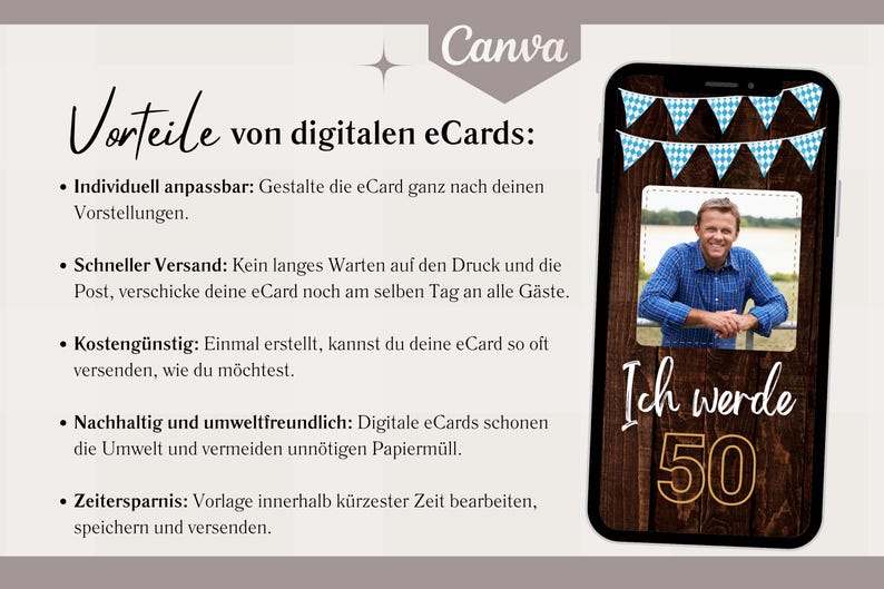 K&ouml;nnte beinhalten: Eine digitale Geburtstagskarte mit Holzmaserung im Hintergrund und blau-wei&szlig;em Wimpel. Die Karte zeigt ein Foto eines Mannes und den Text "Ich werde 50".
