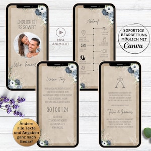 Invito a nozze digitale Carta Kraft Fiori blu | Invito a nozze per Whatsapp | invito animato salva la data con foto
