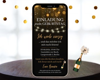 Digitale Einladung zum Geburtstag, eCard zum Versenden per WhatsApp, runder Geburtstag, Einladung 20. 30. 40. 50. Geburtstag, Handyeinladung