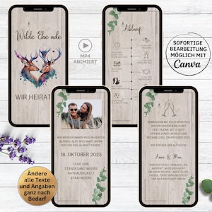 eCard invitation de mariage numérique adieu vidéo de mariage sauvage pour Whatsapp | invitation rustique animée à retenir la date avec photo feuilles vertes