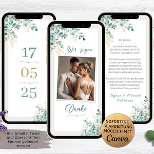 eCard Danksagung Hochzeit weiß Eukalyptus grün gold | digitale Danksagungskarte Hochzeitstag für WhatsApp mit drei Fotos | Wir sagen danke