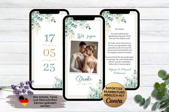 eCard Danksagung Hochzeit weiß Eukalyptus grün gold | digitale Danksagungskarte Hochzeitstag für WhatsApp mit drei Fotos | Wir sagen danke
