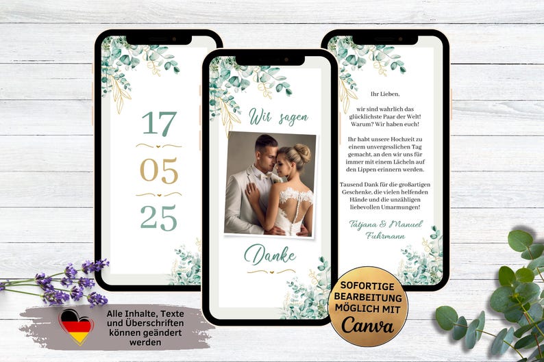 May include: Three smartphone mockups with a wedding theme. The first mockup shows the date "17 05 25" in gold and blue text. The second mockup shows a photo of a bride and groom with the text "Wir sagen Danke". The third mockup shows text in German, thanking guests for attending the wedding. The text includes the names "Tatjana & Manuel Fuhrmann".