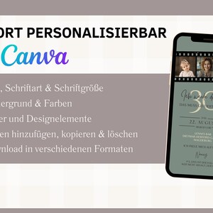 May include: A green and black mobile phone screen displaying a birthday invitation with a film strip design. The invitation reads "Ich werde 30 der Big" and "22. August".