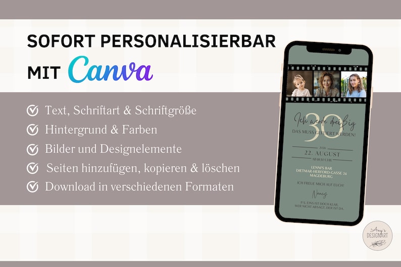 May include: A green and black mobile phone screen displaying a birthday invitation with a film strip design. The invitation reads "Ich werde 30 der Big" and "22. August".