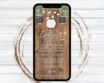Digitale Gartenparty Einladung Lampions rustikal | personalisierbare WhatsApp eCard Grillparty Geburtstags Foto und Video Einladung Holz