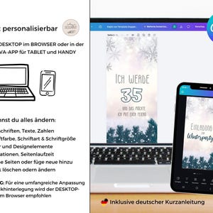 May include: A digital invitation template displayed on a laptop screen and a smartphone, featuring a winter theme with snowflakes and pine branches. The text reads Ich werde 35 und das m&ouml;chte ich mit euch feiern and Einladung zur Winterparty.