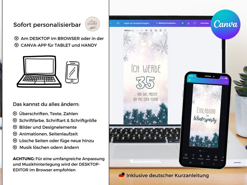 May include: A digital invitation template displayed on a laptop screen and a smartphone, featuring a winter theme with snowflakes and pine branches. The text reads Ich werde 35 und das m&ouml;chte ich mit euch feiern and Einladung zur Winterparty.