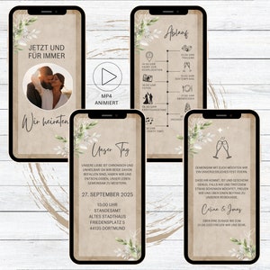 eCard digital wedding invitation kraft paper video for Whatsapp, customizable animated save the date invitation with photo green leaves