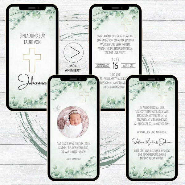 eCard Einladung Taufe Eukalyptus | animierte Einladungskarte für Kommunion zum Versenden per WhatsApp, digitale Videoeinladung mit Foto