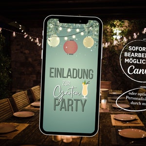 Digitale Gartenparty Geburtstags Einladung Lampions personalisierbare WhatsApp eCard Grillparty Einladung grün Blätter Cocktails Bild 2