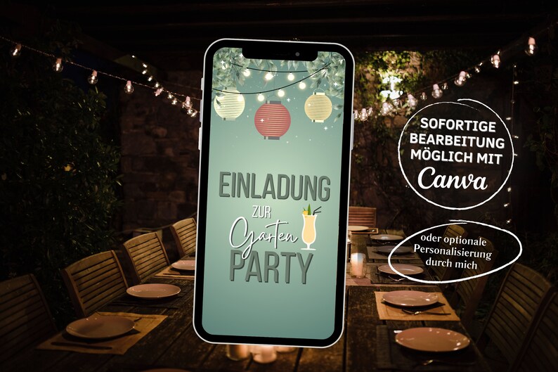 Digitale Gartenparty Geburtstags Einladung Lampions personalisierbare WhatsApp eCard Grillparty Einladung grün Blätter Cocktails Bild 2