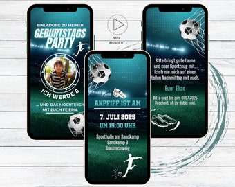 Einladung Kindergeburtstag Fußball Vorlage | digitale WhatsApp Geburtstagseinladung Soccer | Fußball Party grün blau Stadion