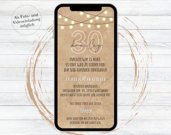Digitale Einladung zum Geburtstag lustig Kraftpapier Lichterkette, Ecard zum Versenden per WhatsApp, animierte Geburtstagseinladung