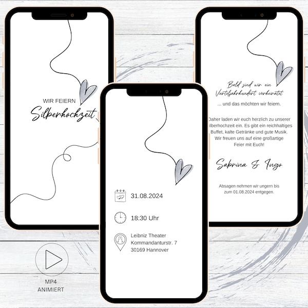 eCard digitale Einladung Silberhochzeit für WhatsApp, personalisierbare elektronische Hochzeitstag Einladung minimalistisch